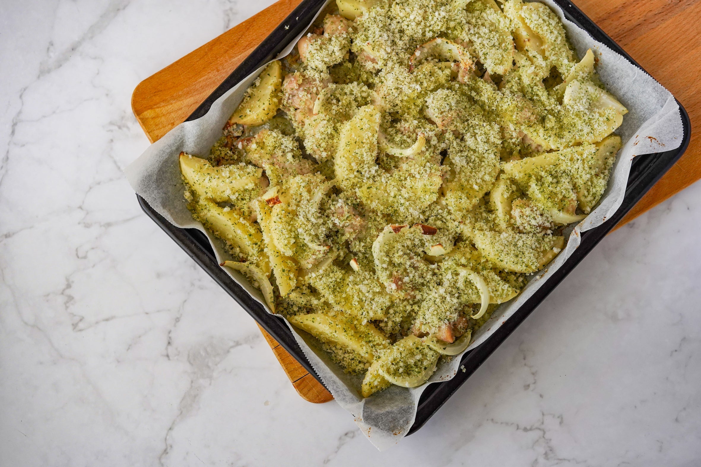 RECIPE:Oven Roasted Chicken and Potatoes with Dashi Panko Topping