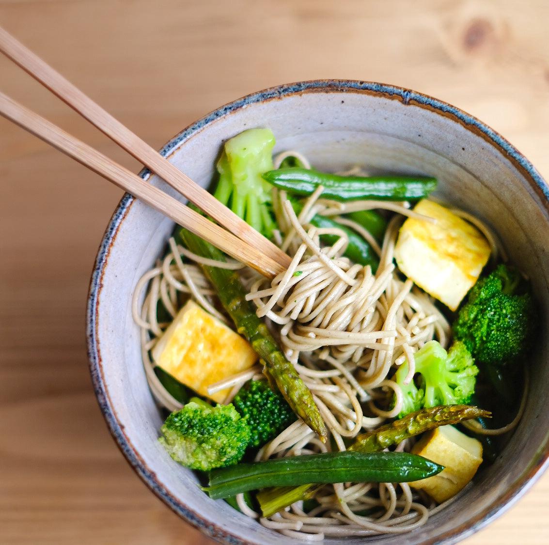 Japanese recipe: Cold Soba Noodles with Green Veggies and Ginger Dressing 