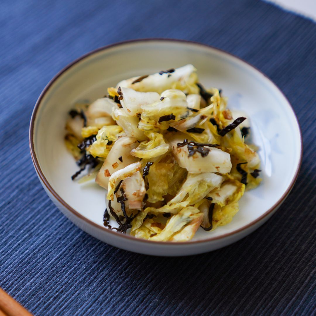 Minimalist Japanese Recipe: Shio Konbu (Salt Kelp) Napa Cabbage with katsuobushi (tuna flakes)