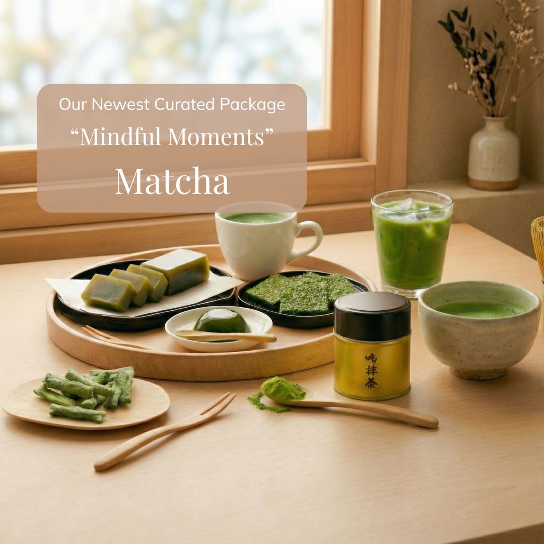 Kokoro Care "Mindful Moments" Matcha package with green tea, matcha powder, and green tea cookies on a wooden table.