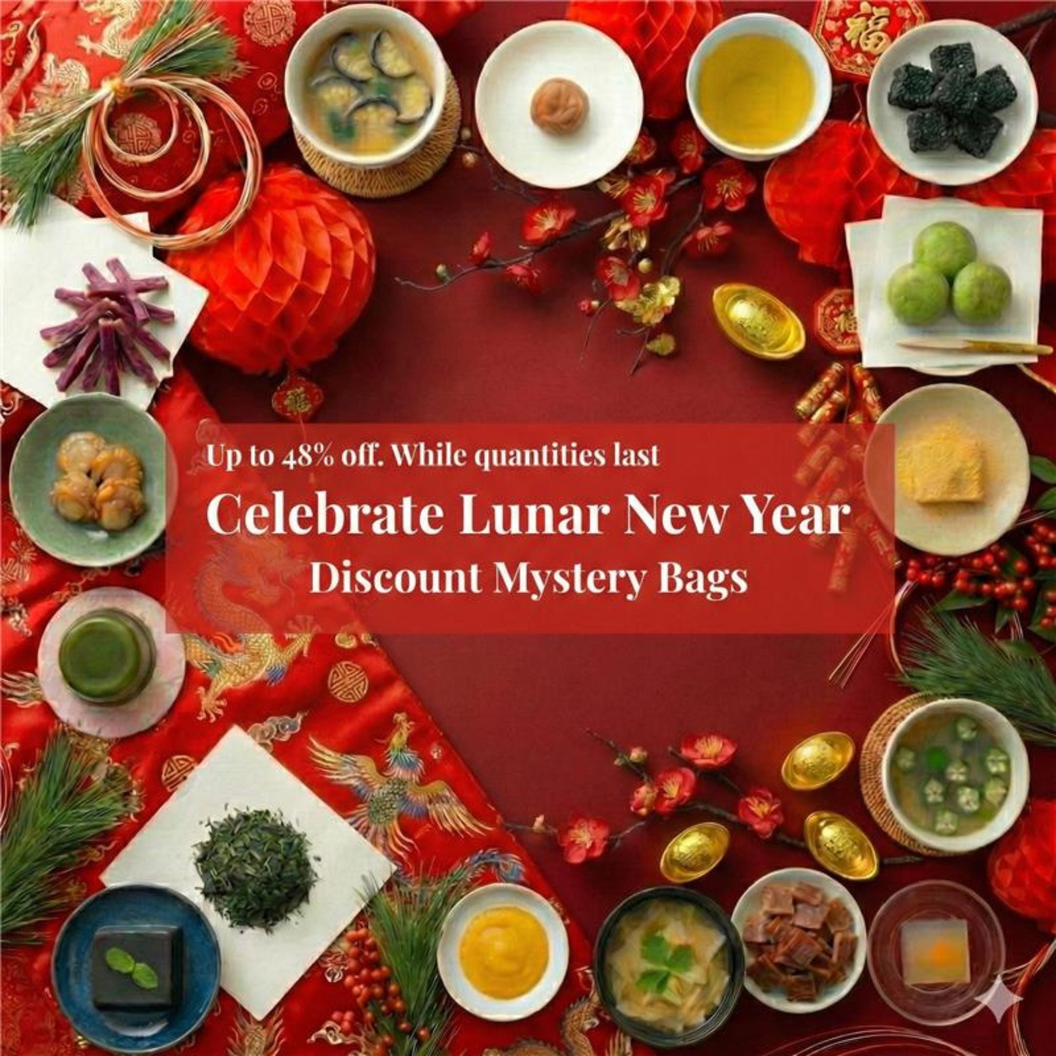 Promotional banner for Lunar New Year discount mystery bags with Japanese food items on a red background.