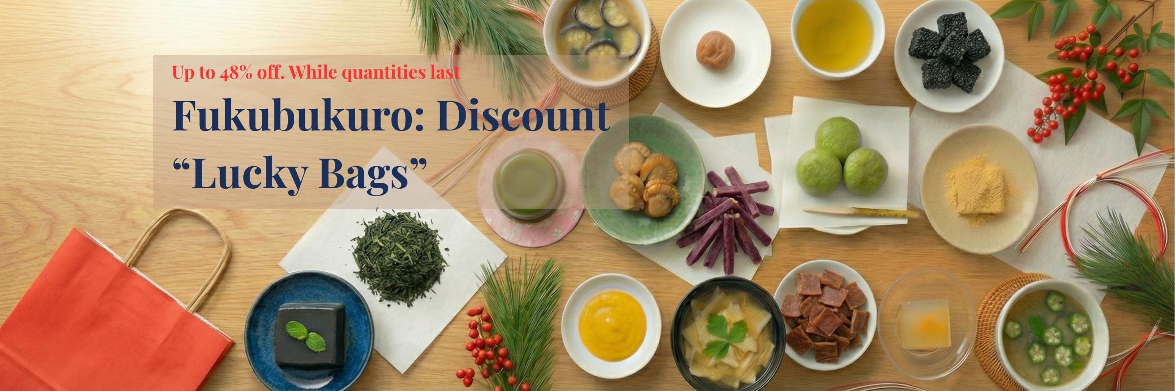 Kokoro Care 2026 Fukubukuro (Discount "Lucky Bag") with aritisanal Japanese snacks and treats on a wooden table.