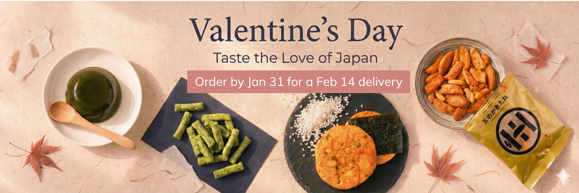 Valentine's Day Gift of Japanese snacks and sweets with text and food items on a pink background.