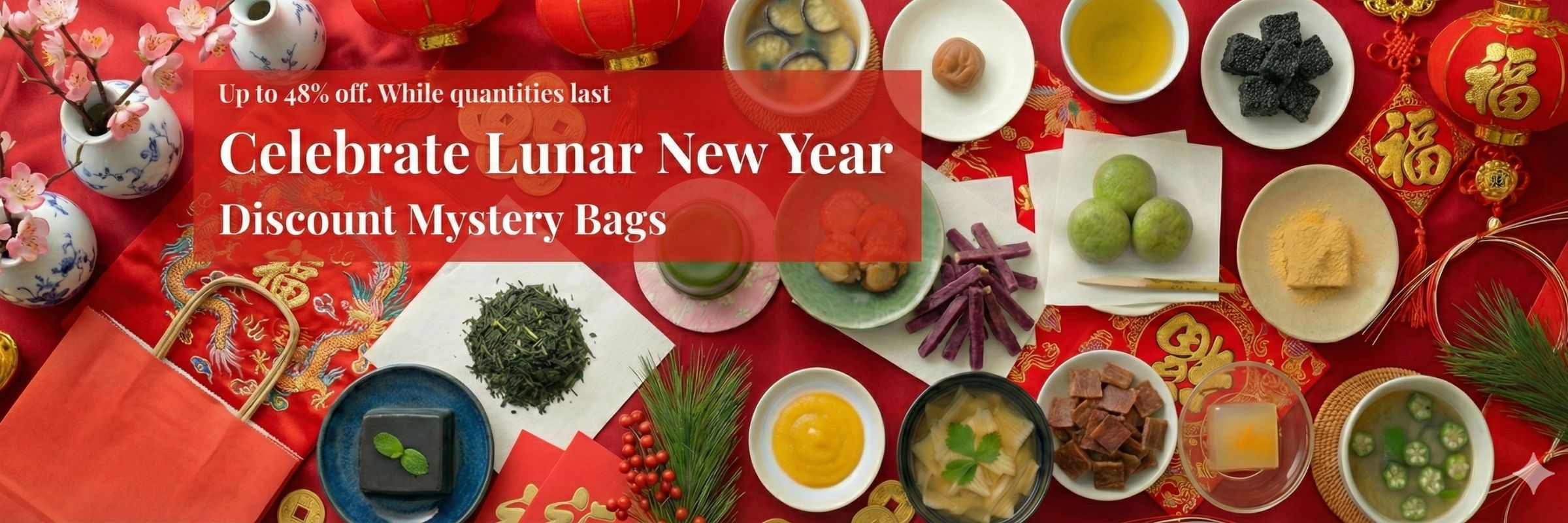 Promotional banner for Lunar New Year discount mystery bags with Japanese food items on a red background.