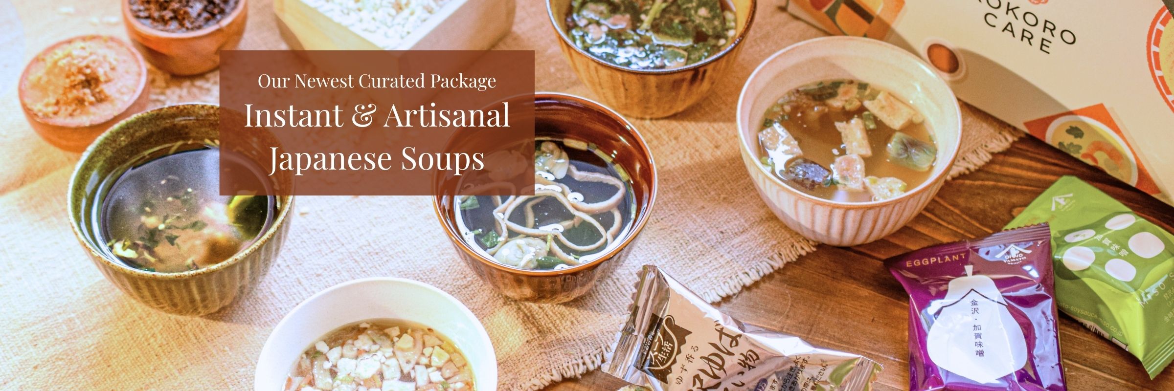 Instant and artisanal Japanese freeze dried miso soups and traditional soups with packaging on a wooden surface