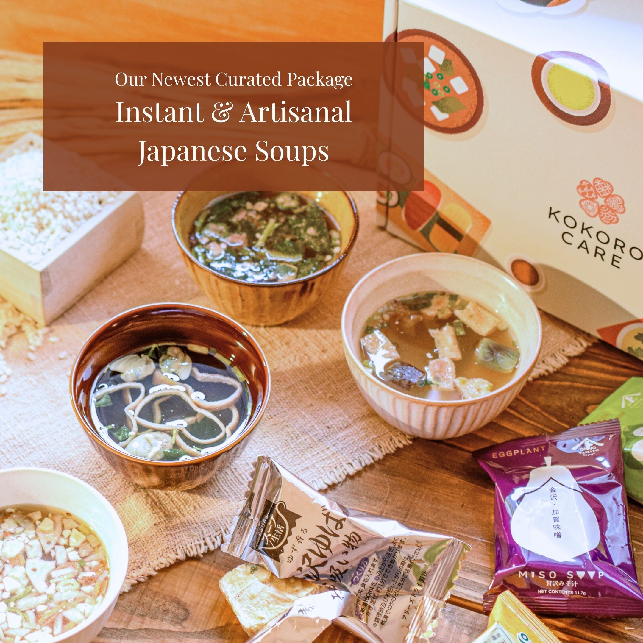 Instant and artisanal Japanese freeze dried miso soups and traditional soups with packaging on a wooden surface