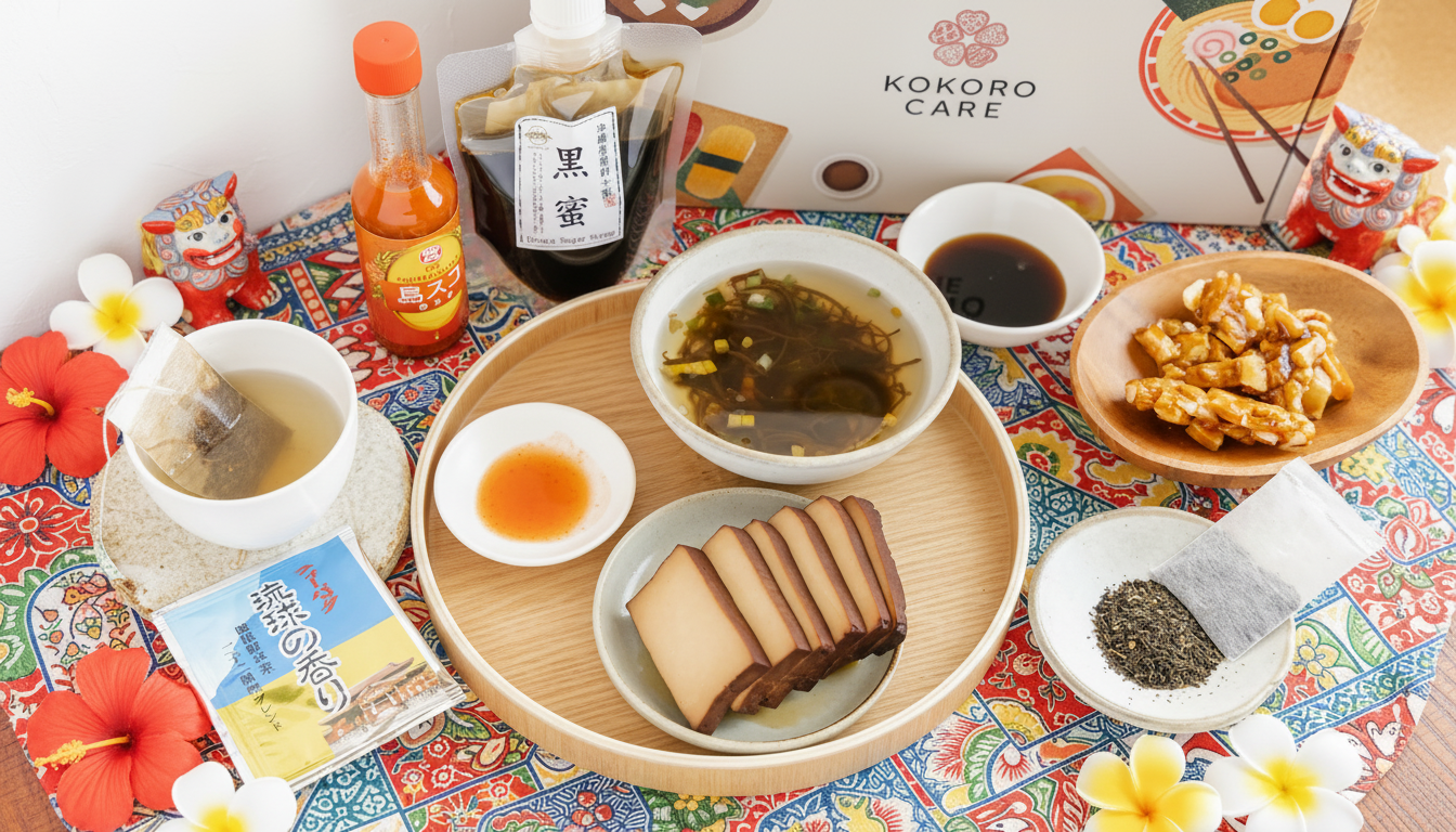 Japanese (Okinawa) food and drink set on a colorful tablecloth with 'Kokoro Care' box in the background.